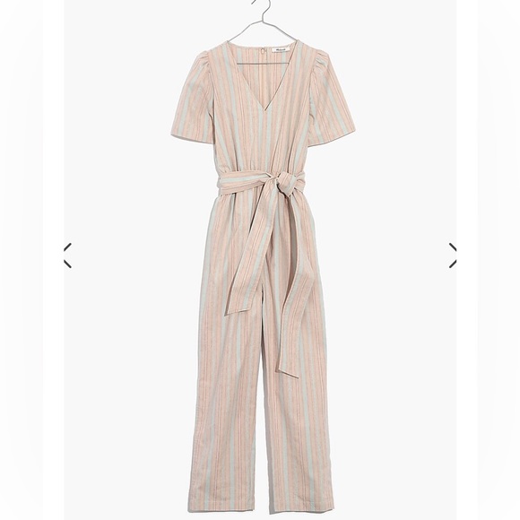 Madewell Linen Blend Puff Sleeve Striped Tapered Jumpsuit - Picture 5 of 11